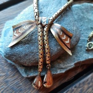 Antique Art Deco Brass Bow Lariat Necklace